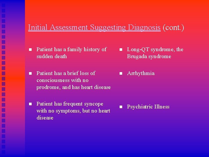 Initial Assessment Suggesting Diagnosis (cont. ) n Patient has a family history of sudden