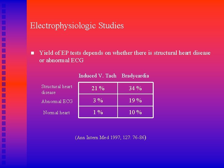 Electrophysiologic Studies n Yield of EP tests depends on whethere is structural heart disease