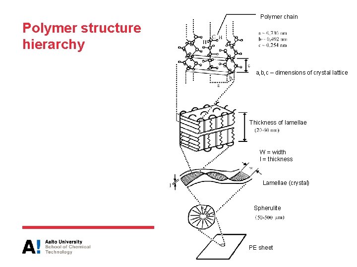 Polymer chain Polymer structure hierarchy a, b, c – dimensions of crystal lattice Thickness