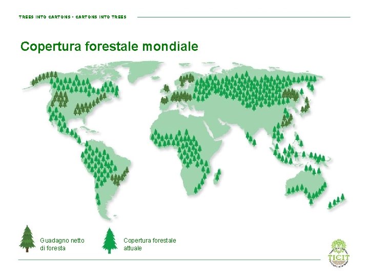 TREES INTO CARTONS • CARTONS INTO TREES Copertura forestale mondiale Guadagno netto di foresta