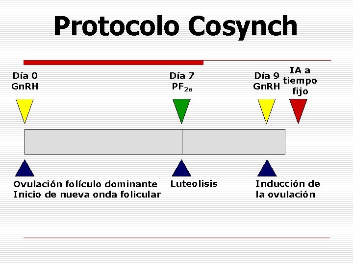 Protocolo Cosynch Día 0 Gn. RH Día 7 PF 2 a Ovulación folículo dominante Protocolo Cosynch Día 0 Gn. RH Día 7 PF 2 a Ovulación folículo dominante