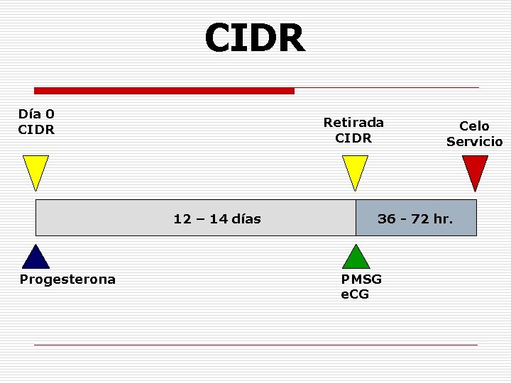 CIDR Día 0 CIDR Retirada CIDR 12 – 14 días Progesterona Celo Servicio 36 CIDR Día 0 CIDR Retirada CIDR 12 – 14 días Progesterona Celo Servicio 36