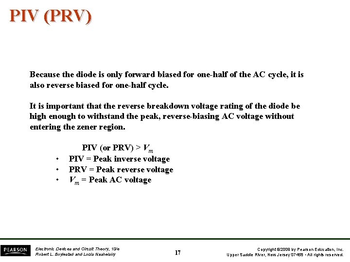 PIV (PRV) Because the diode is only forward biased for one-half of the AC