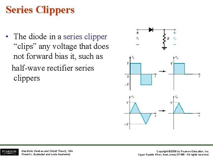 Series Clippers • The diode in a series clipper “clips” any voltage that does