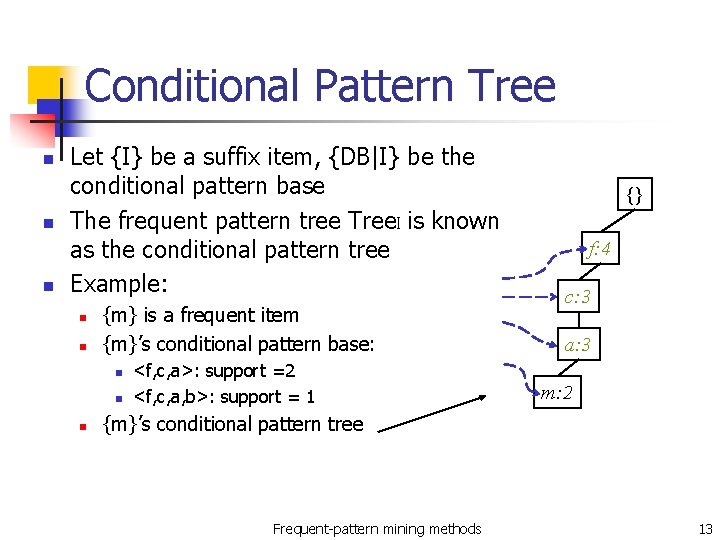 Conditional Pattern Tree n n n Let {I} be a suffix item, {DB|I} be