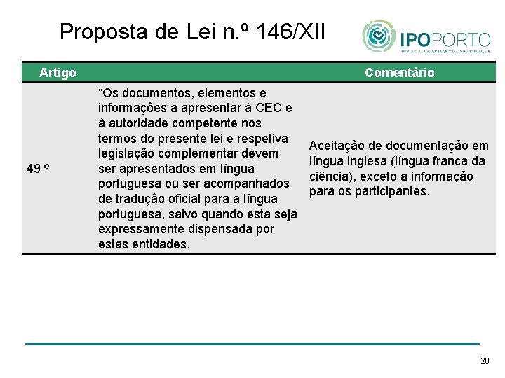 Proposta de Lei n. º 146/XII Artigo 49 º Comentário “Os documentos, elementos e