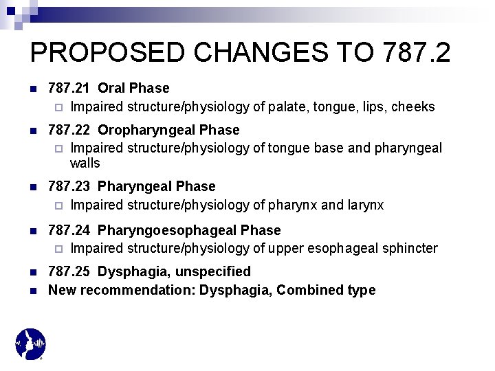 PROPOSED CHANGES TO 787. 2 n 787. 21 Oral Phase ¨ Impaired structure/physiology of