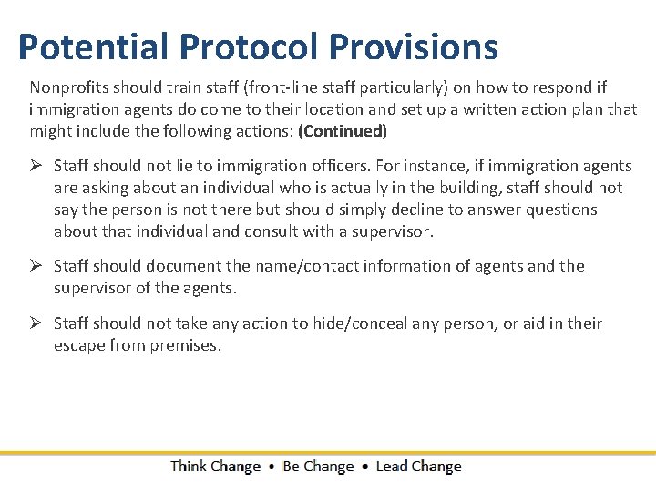 Potential Protocol Provisions Nonprofits should train staff (front-line staff particularly) on how to respond