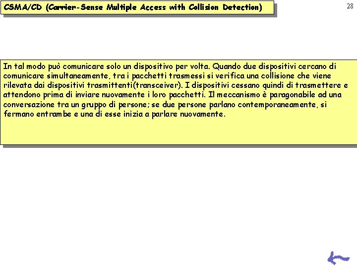 CSMA/CD (Carrier-Sense Multiple Access with Collision Detection) 28 In tal modo può comunicare solo CSMA/CD (Carrier-Sense Multiple Access with Collision Detection) 28 In tal modo può comunicare solo