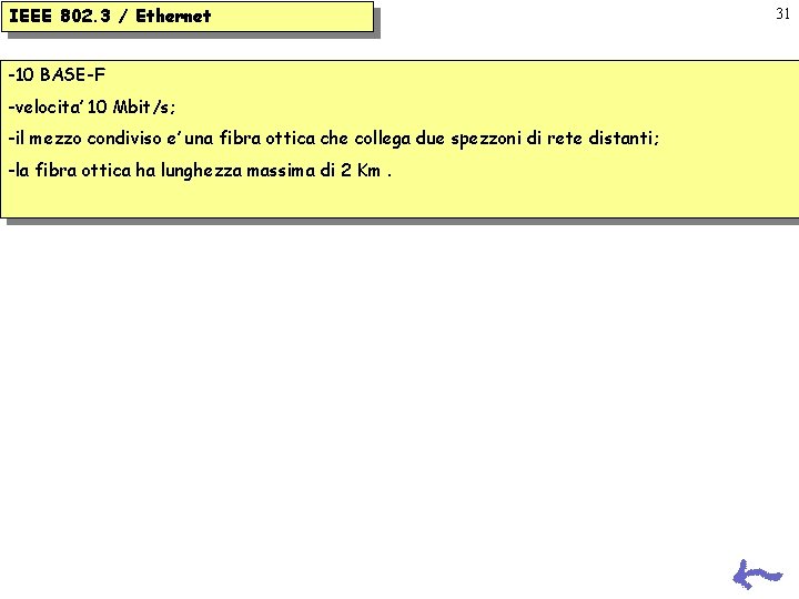 IEEE 802. 3 / Ethernet -10 BASE-F -velocita’ 10 Mbit/s; -il mezzo condiviso e’ IEEE 802. 3 / Ethernet -10 BASE-F -velocita’ 10 Mbit/s; -il mezzo condiviso e’