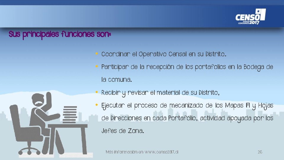 Sus principales funciones son: • Coordinar el Operativo Censal en su Distrito. • Participar