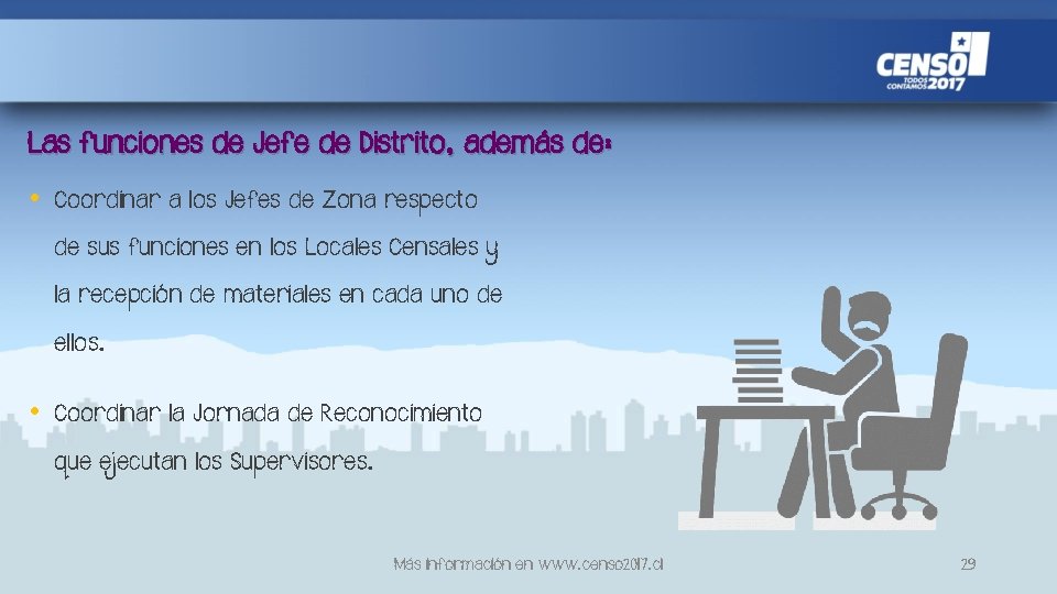 Las funciones de Jefe de Distrito, además de: • Coordinar a los Jefes de