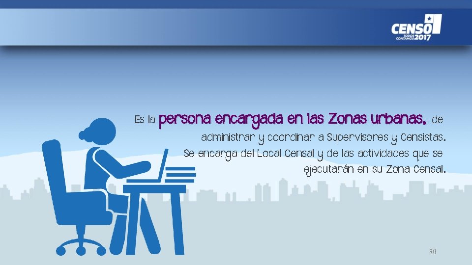 Es la persona encargada en las Zonas urbanas, de administrar y coordinar a Supervisores