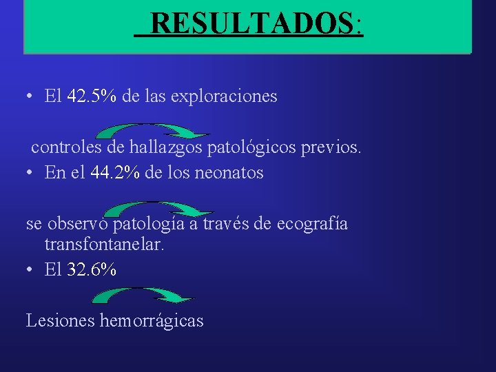 RESULTADOS: • El 42. 5% de las exploraciones controles de hallazgos patológicos previos. • RESULTADOS: • El 42. 5% de las exploraciones controles de hallazgos patológicos previos. •