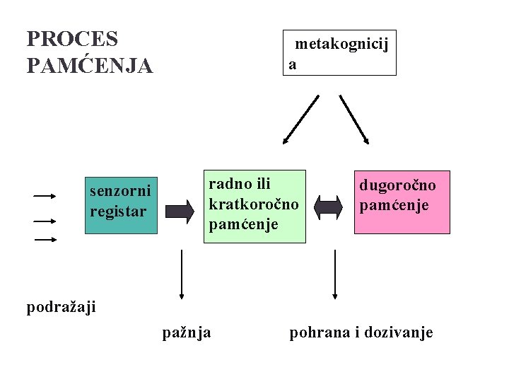 PROCES PAMĆENJA senzorni registar metakognicij a radno ili kratkoročno pamćenje dugoročno pamćenje podražaji pažnja