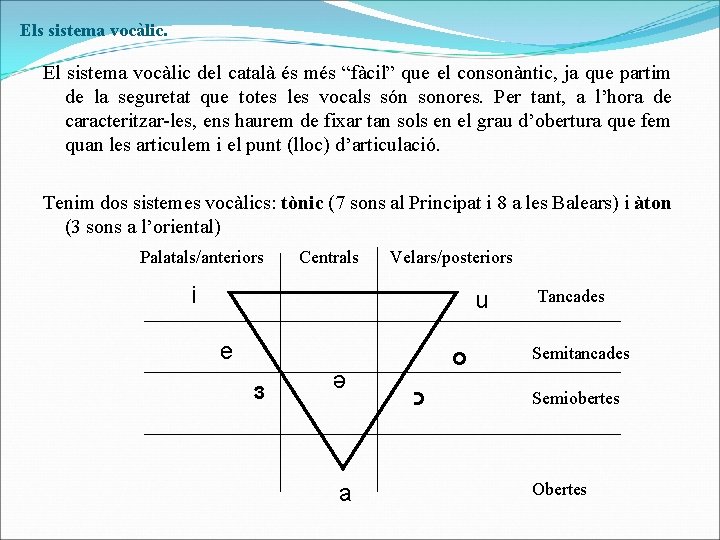 Els sistema vocàlic. El sistema vocàlic del català és més “fàcil” que el consonàntic,