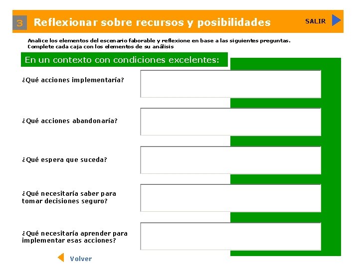 3 Reflexionar sobre recursos y posibilidades Analice los elementos del escenario faborable y reflexione