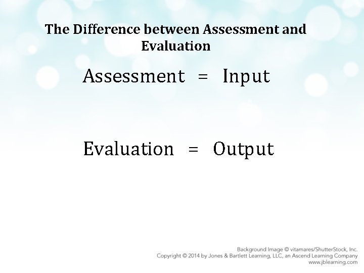 The Difference between Assessment and Evaluation Assessment = Input Evaluation = Output 