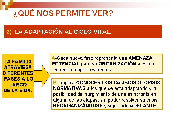 ¿QUÉ NOS PERMITE VER? 2) LA ADAPTACIÓN AL CICLO VITAL. LA FAMILIA ATRAVIESA DIFERENTES ¿QUÉ NOS PERMITE VER? 2) LA ADAPTACIÓN AL CICLO VITAL. LA FAMILIA ATRAVIESA DIFERENTES