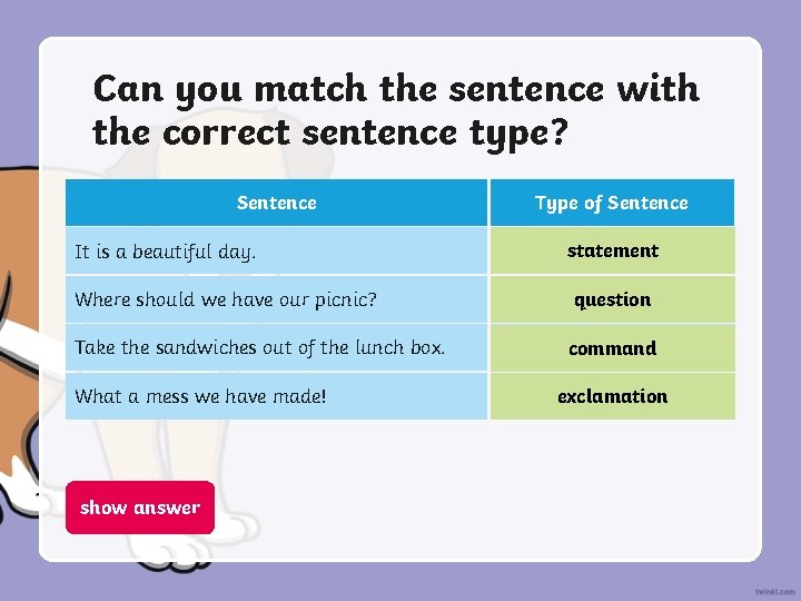 Can you match the sentence with the correct sentence type? Sentence Type of Sentence