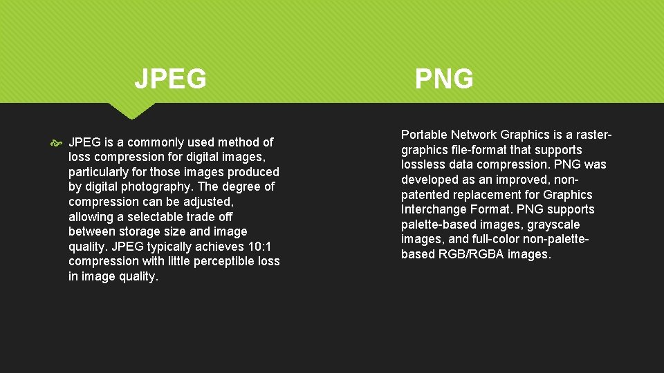 JPEG is a commonly used method of loss compression for digital images, particularly for