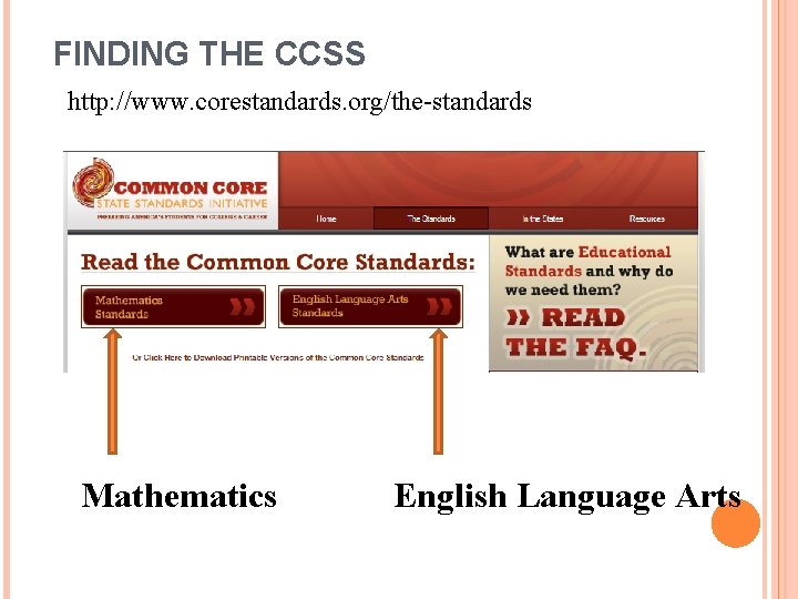 FINDING THE CCSS http: //www. corestandards. org/the-standards Mathematics English Language Arts 