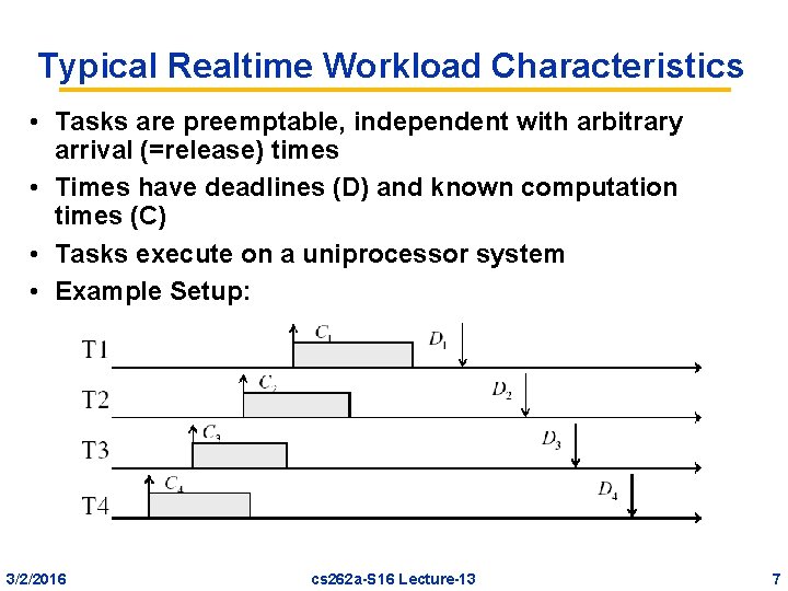 Typical Realtime Workload Characteristics • Tasks are preemptable, independent with arbitrary arrival (=release) times