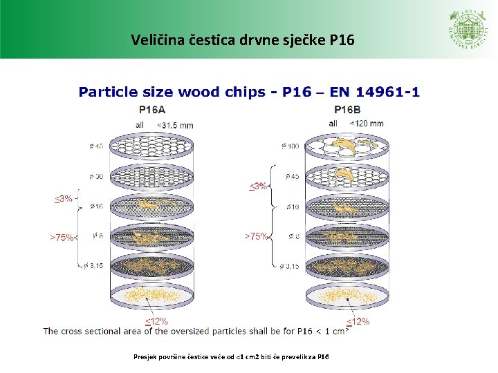 Veličina čestica drvne sječke P 16 Presjek površine čestice veće od <1 cm 2 Veličina čestica drvne sječke P 16 Presjek površine čestice veće od <1 cm 2