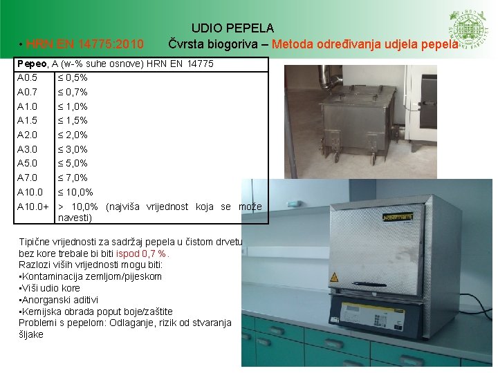 • HRN EN 14775: 2010 UDIO PEPELA Čvrsta biogoriva – Metoda određivanja udjela • HRN EN 14775: 2010 UDIO PEPELA Čvrsta biogoriva – Metoda određivanja udjela