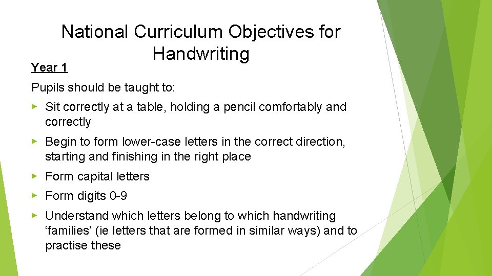National Curriculum Objectives for Handwriting Year 1 Pupils should be taught to: ▶ Sit