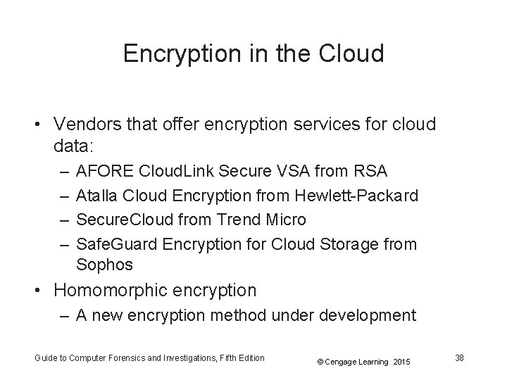 Encryption in the Cloud • Vendors that offer encryption services for cloud data: –
