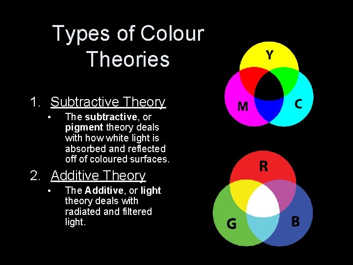 Types of Colour Theories 1. Subtractive Theory • The subtractive, or pigment theory deals