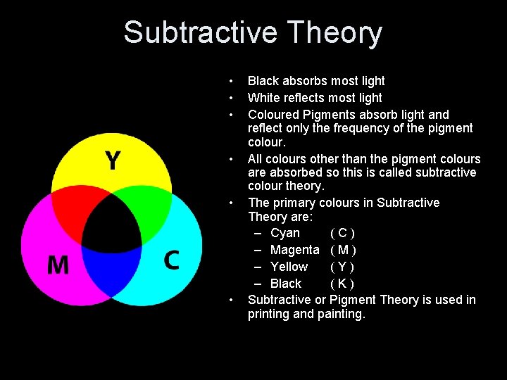 Subtractive Theory • • • Black absorbs most light White reflects most light Coloured