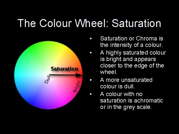 The Colour Wheel: Saturation • • Saturation or Chroma is the intensity of a