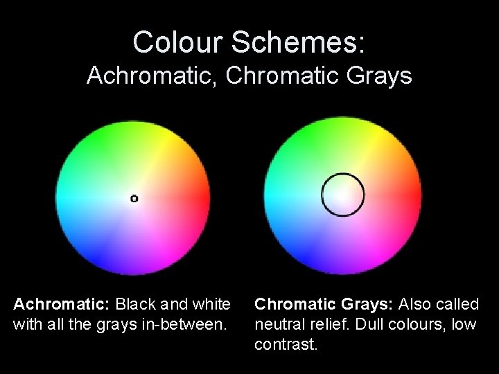 Colour Schemes: Achromatic, Chromatic Grays Achromatic: Black and white with all the grays in-between.