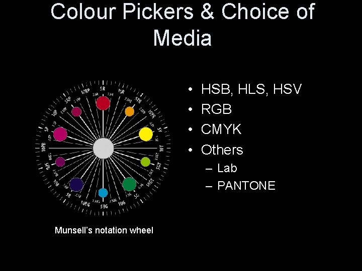Colour Pickers & Choice of Media • • HSB, HLS, HSV RGB CMYK Others