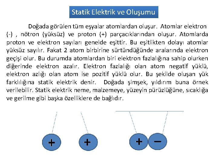 Statik Elektrik ve Oluşumu Doğada görülen tüm eşyalar atomlardan oluşur. Atomlar elektron (-) , Statik Elektrik ve Oluşumu Doğada görülen tüm eşyalar atomlardan oluşur. Atomlar elektron (-) ,