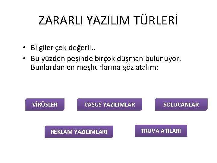 ZARARLI YAZILIM TÜRLERİ • Bilgiler çok değerli. . • Bu yüzden peşinde birçok düşman ZARARLI YAZILIM TÜRLERİ • Bilgiler çok değerli. . • Bu yüzden peşinde birçok düşman