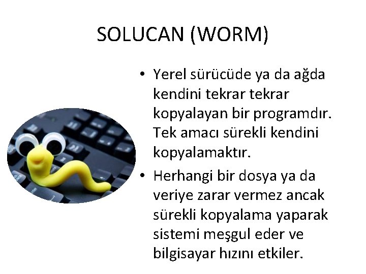 SOLUCAN (WORM) • Yerel sürücüde ya da ağda kendini tekrar kopyalayan bir programdır. Tek SOLUCAN (WORM) • Yerel sürücüde ya da ağda kendini tekrar kopyalayan bir programdır. Tek