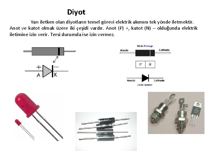 Diyot Yarı iletken olan diyotların temel görevi elektrik akımını tek yönde iletmektir. Anot ve Diyot Yarı iletken olan diyotların temel görevi elektrik akımını tek yönde iletmektir. Anot ve