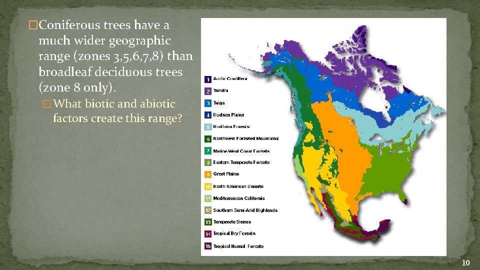 �Coniferous trees have a much wider geographic range (zones 3, 5, 6, 7, 8)