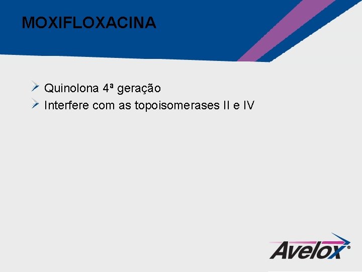 MOXIFLOXACINA Quinolona 4ª geração Interfere com as topoisomerases II e IV 