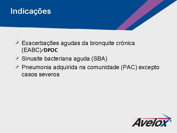 Indicações Exacerbações agudas da bronquite crónica (EABC)⁄DPOC Sinusite bacteriana aguda (SBA) Pneumonia adquirida na