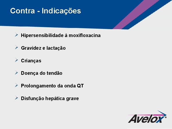 Contra - Indicações Hipersensibilidade à moxifloxacina Gravidez e lactação Crianças Doença do tendão Prolongamento