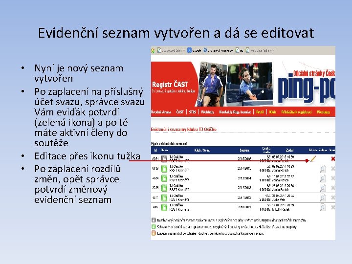 Evidenční seznam vytvořen a dá se editovat • Nyní je nový seznam vytvořen •