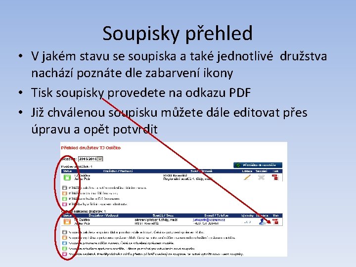 Soupisky přehled • V jakém stavu se soupiska a také jednotlivé družstva nachází poznáte