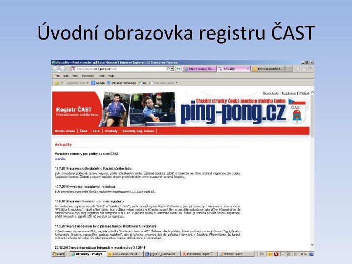 Úvodní obrazovka registru ČAST 