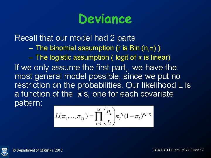 Deviance Recall that our model had 2 parts – The binomial assumption (r is