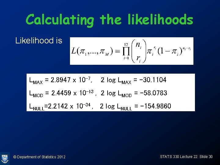 Calculating the likelihoods Likelihood is LMAX = 2. 8947 x 10 -7, 2 log