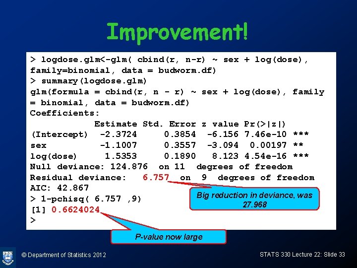 Improvement! > logdose. glm<-glm( cbind(r, n-r) ~ sex + log(dose), family=binomial, data = budworm.
